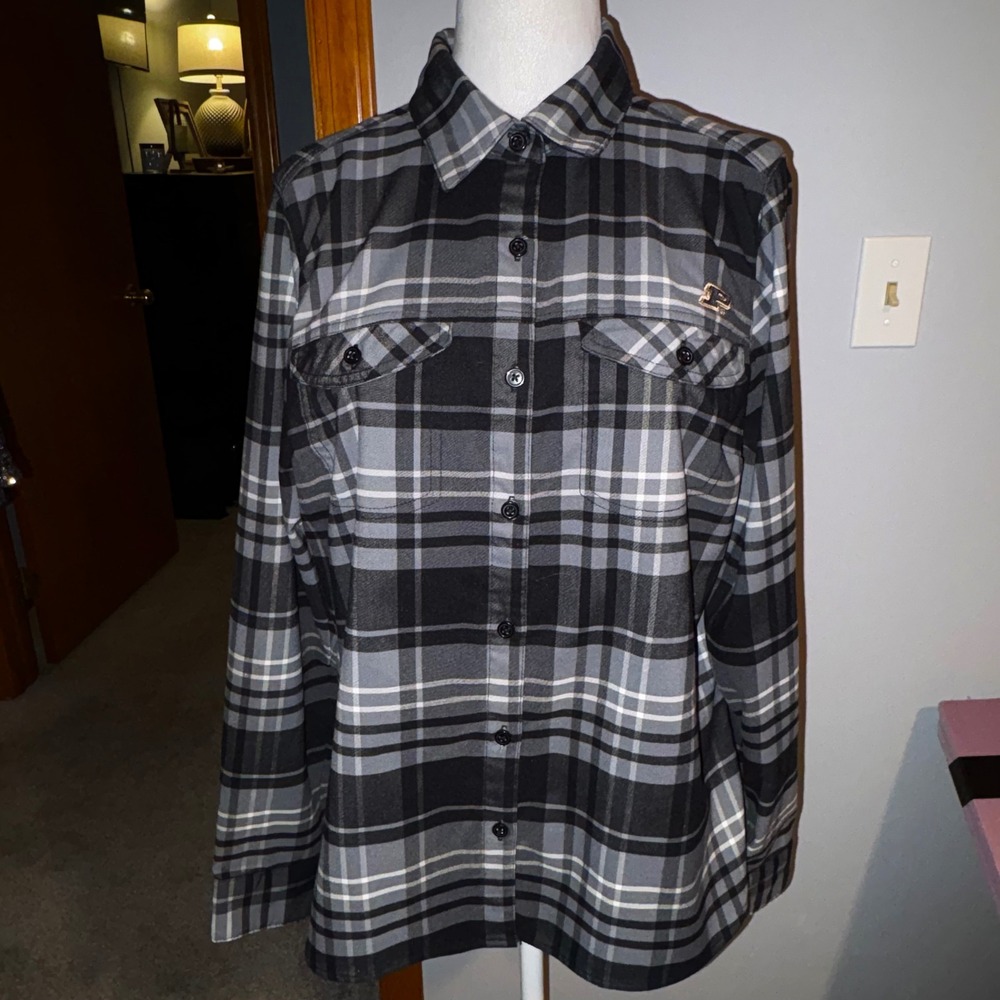 Columbia Purdue University Sportswear Long Sleeve black gray Plaid Flannel Shirt
